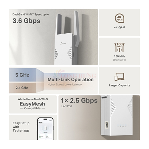 Bộ mở rộng sóng Wifi 7 TP-Link BE3600 Dual-Band Range Extender RE235BE - Hàng chính hãng