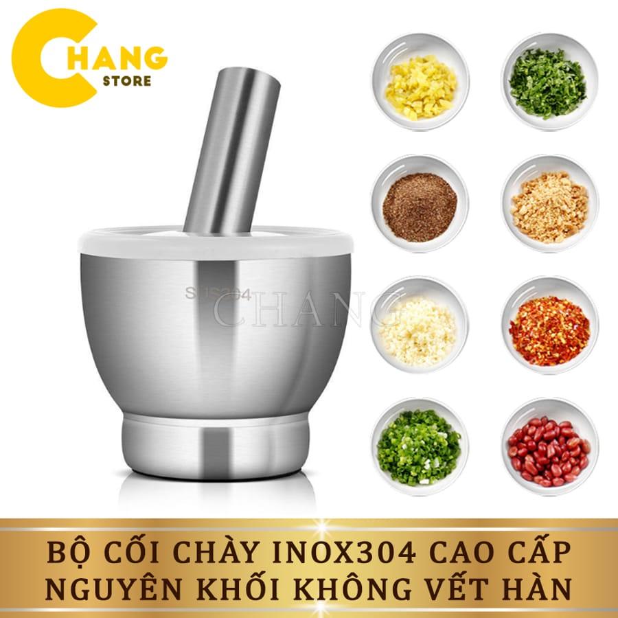 Bộ Chày Cối Inox 304 Có Nắp Đậy,  Chày Cối Nguyên Khối Dã Đồ Cực Nhuyễn Mịn Tiện Lợi Cho Gia Đình