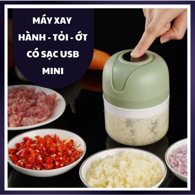 Máy xay hành tỏi ớt gia vị 3 lưỡi dao đa năng mini cầm tay mẫu mới có sạc USB nhỏ gọn tiện lợi an toàn