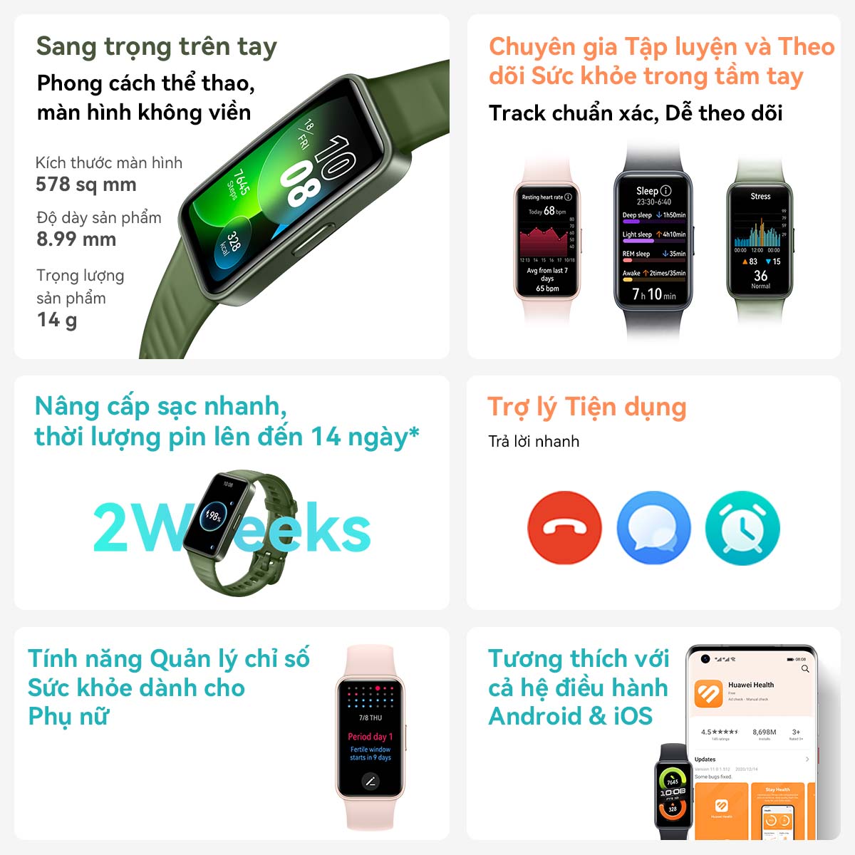 Vòng đeo tay thông minh HUAWEI Band 8 | Thiết kế siêu mỏng | Phân tích khoa học Giấc Ngủ | Thời Lượng Pin Vượt Trội | Hàng Chính Hãng