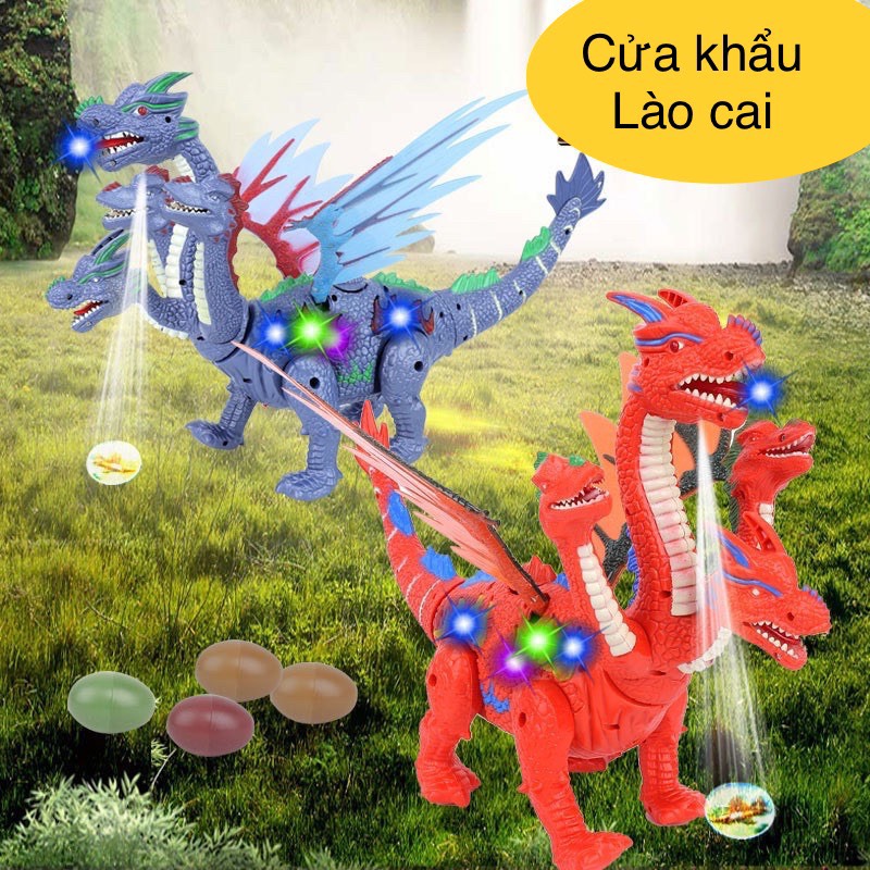 Khủng long 4 đầu đẻ trứng có nhạc, có đèn chiếu gồm 2 màu đỏ và xám