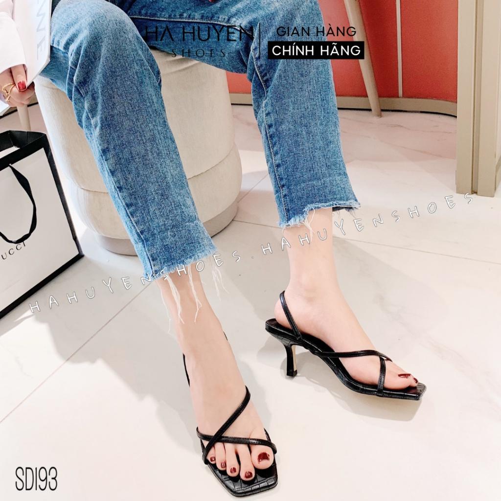 Sandal cao gót nữ Hà Huyền Shoes da vân quai chéo mảnh hậu chun gót nhọn 7 phân - SD193