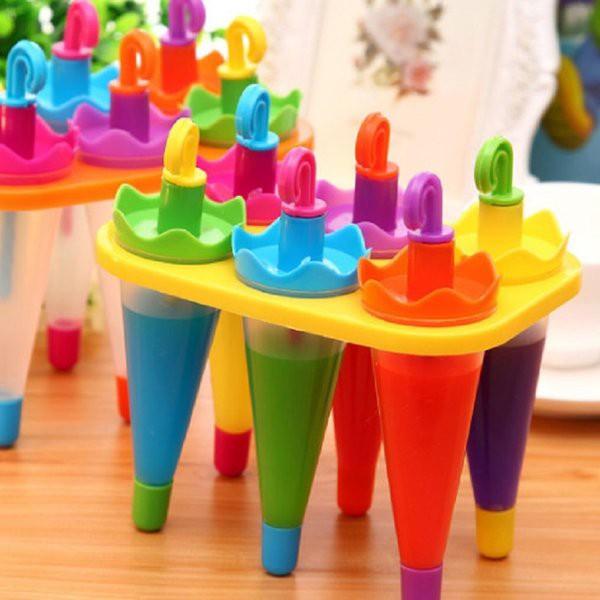 Khuôn làm kem 6 que nhựa hình ô , khuôn kem có nắp tay cầm nhiều màu sắc