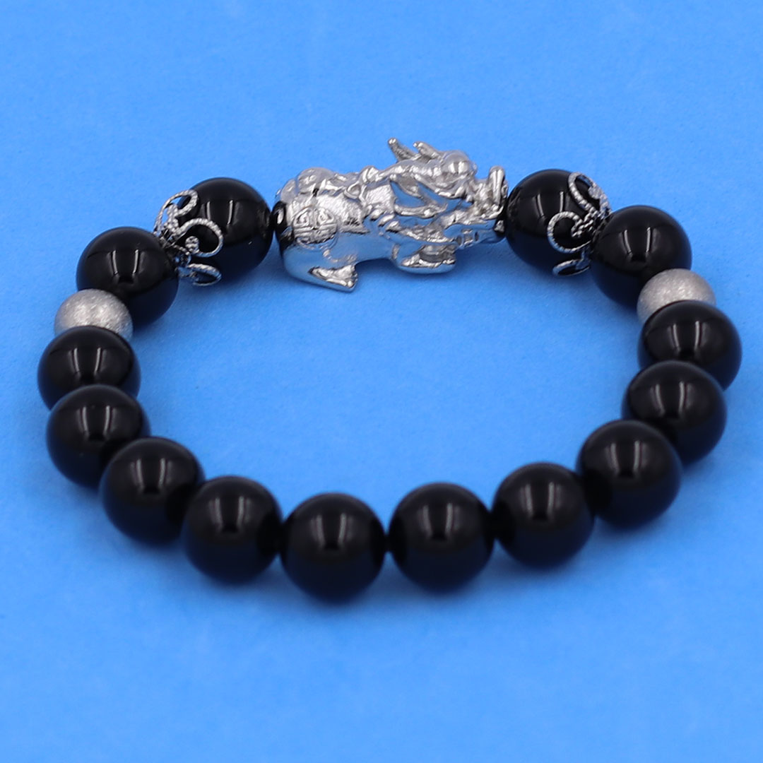 Vòng chuỗi đeo tay đá thạch anh đen 10 ly charm tỳ hưu inox, bi inox, khía bông inox, vòng tay phong thuỷ, vòng tay tỳ hưu