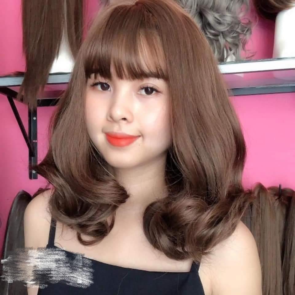Tóc giả nữ nguyên đầu xoăn ngắn, tóc giả bộ cả đầu mái thưa