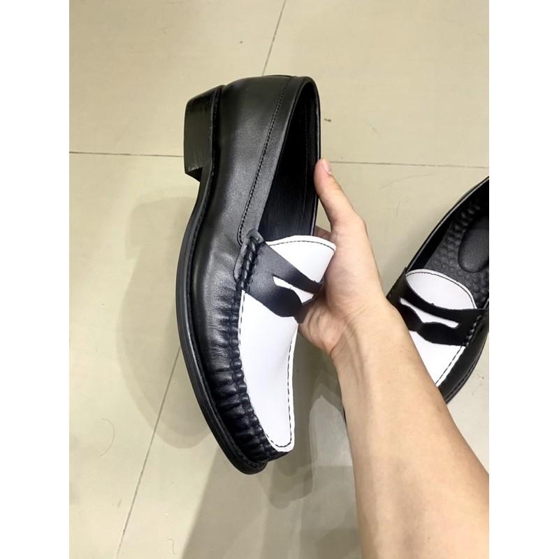 Penny Loafer Black White, giày lười nam da thật đế phíp