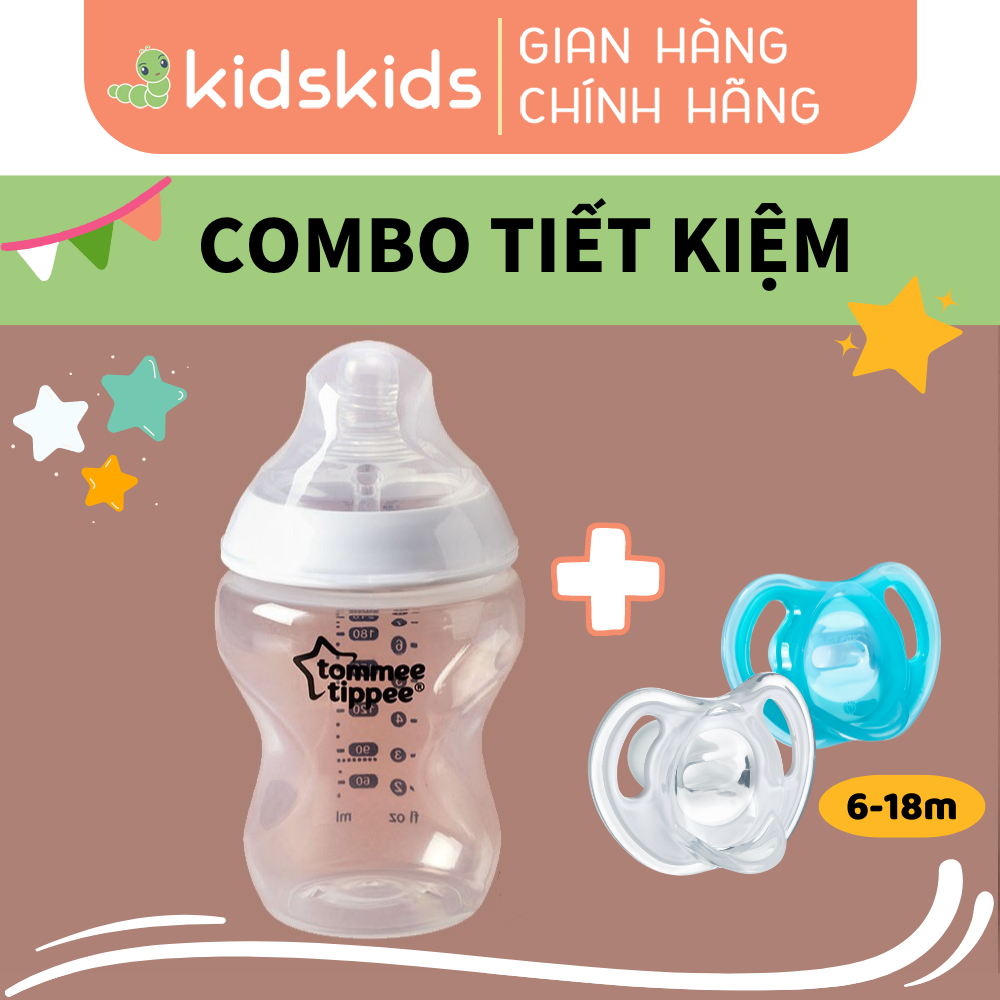 COMBO Ty ngậm silicon siêu nhẹ cho bé Tommee Tippee Ultra Light &amp; Bình sữa ty siêu mềm tự nhiên 260ml