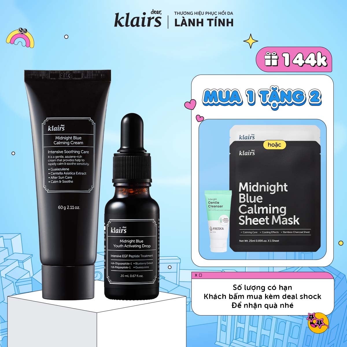 Combo Dear, Klairs Kem Dưỡng Midnight Blue Calming Cream 60Mltinh Chất Midnight Blue Youth Activating Drop 20Ml - 60Ml20Ml