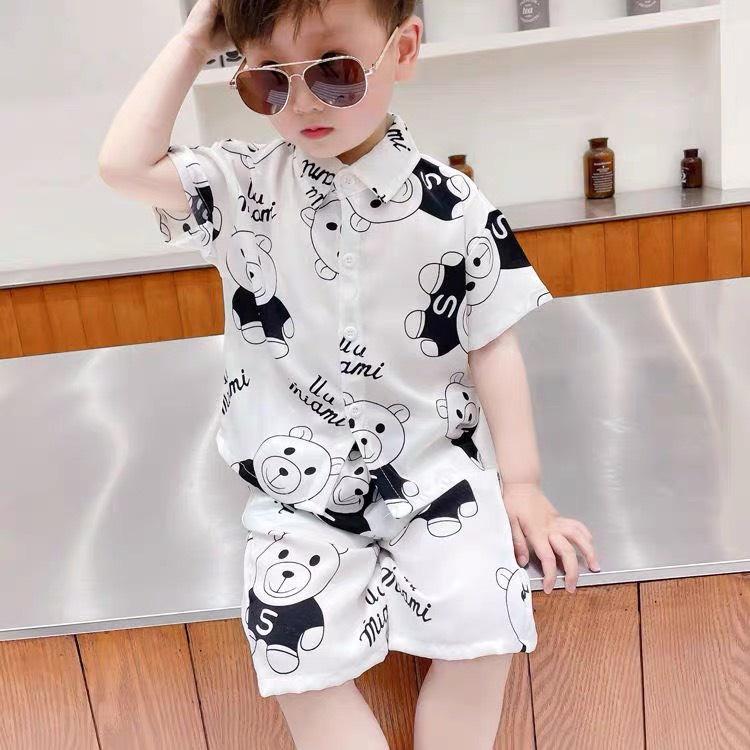 Set Áo Sơ Mi Gấu Ngắn Tay Cổ Bẻ + Quần Short Lưng Thun Thời Trang Hàn Quốc Cho Bé Trai 7-28kg - SUMO KIDS