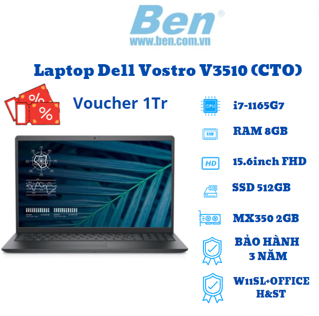 Laptop Dell Vostro 15 3510 / Đen/ Intel Core i7-1165G7/ RAM 8GB/ 512GB SSD/ NVIDIA GeForce MX350 2GD5/ 15.6inch FHD/ 3Cell/ W11SL+OFFICE H&ST/ 1Yr - hàng chính hãng