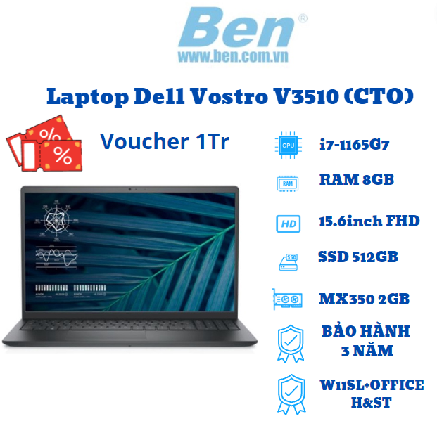 Laptop Dell Vostro 15 3510 (CTO)/ Đen/ Intel Core i7-1165G7/ RAM 8GB/ 512GB SSD/ NVIDIA GeForce MX350 2GD5/ 15.6inch FHD/ 3Cell/ W11SL+OFFICE H&ST/ 1Yr - hàng chính hãng