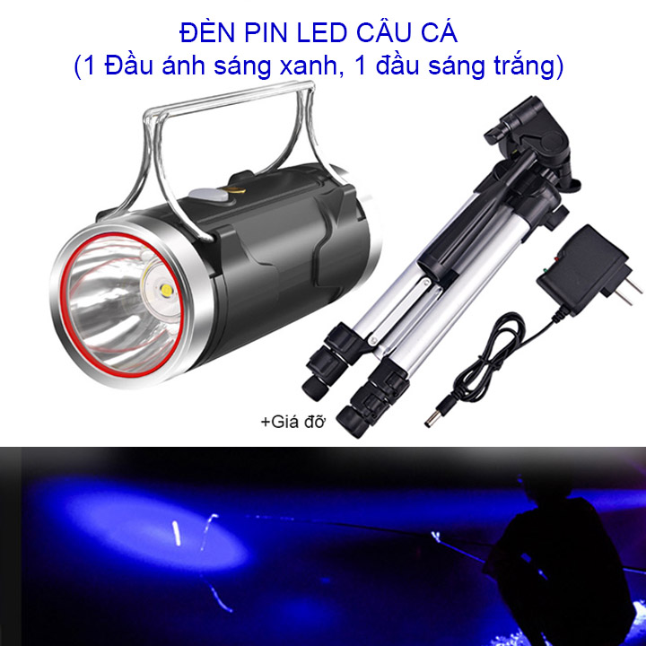 Đèn pin led câu cá D05, 1 đầu ánh sáng xanh chuyên câu cá, 1 dầu ánh sáng trắng chiếu sáng, kèm giá đỡ 3 chân xếp gọn