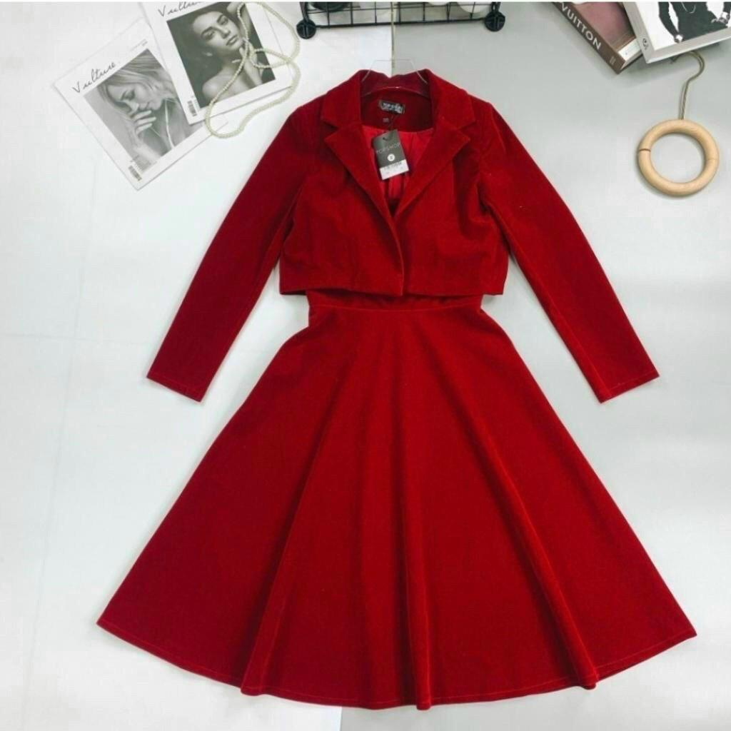 Sét đầm nữ 2 dây from xòe dáng dài kèm áo khoác vest ngắn ngoài, sang trọng, thanh lịch cho quý cô dự tiệc siêu xinh