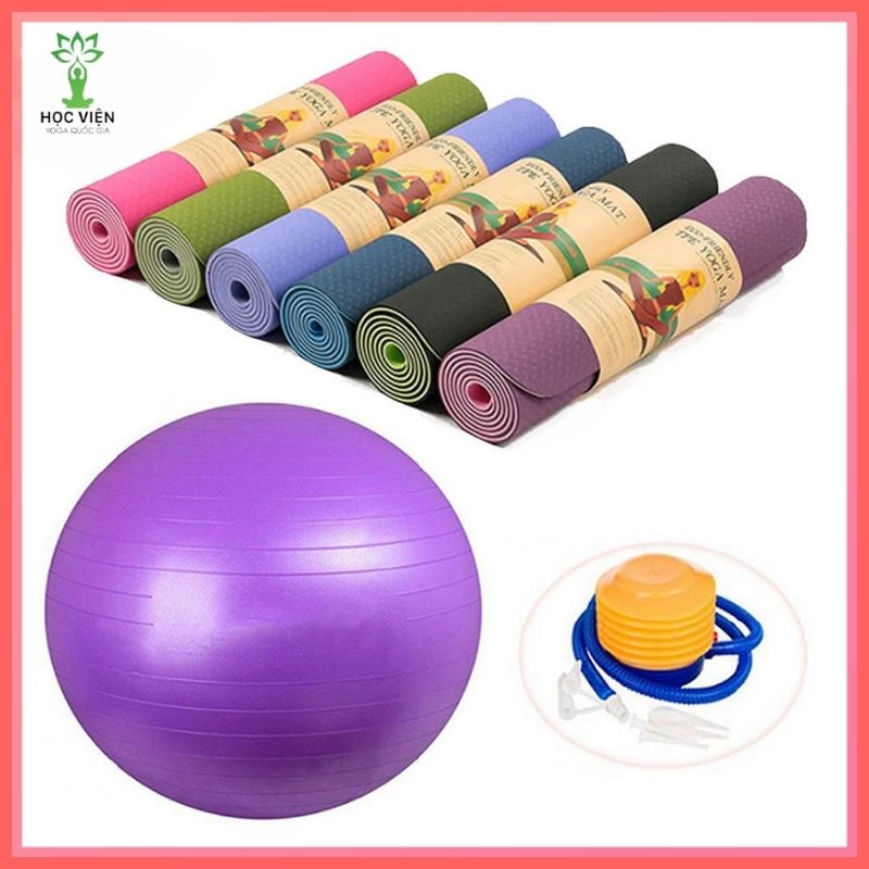 Combo Thảm Tập Yoga 6mm, Bóng Tập Yoga Trơn 65cm - YOGA QG, Thảm 2 Lớp TPE Cao Cấp, Chống Trơn Trượt, Thấm Hút Mồ Hôi, Mềm Mượt, Không Gây Kích Ứng; Bóng Chất Liệu PVC Cao Cấp, Không Mùi, Co Giãn, Đàn Hồi Tốt, Tặng Bơm Bóng - Hàng chĩnh hãng