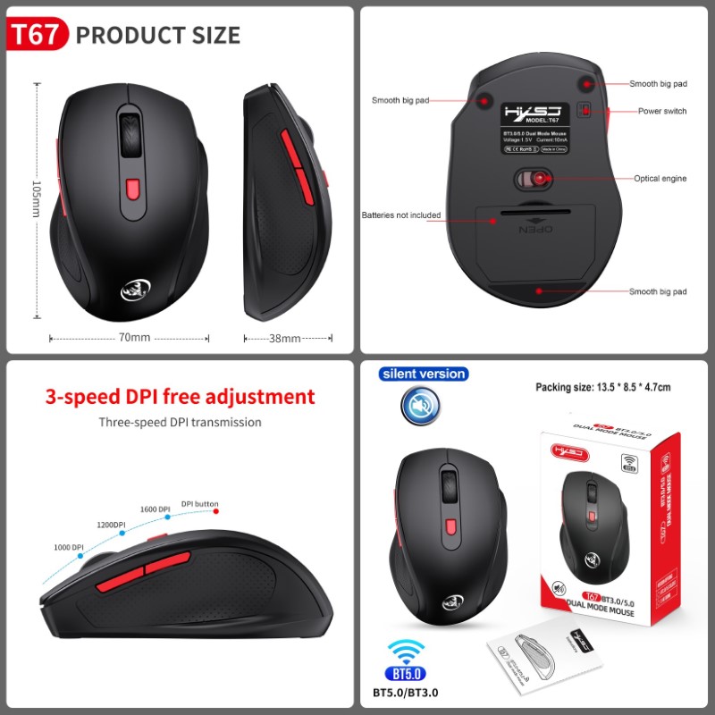 Chuột Không Dây Bluetooth 5.0 Chống ồn T67 siêu nhẹ - hàng nhập khẩu
