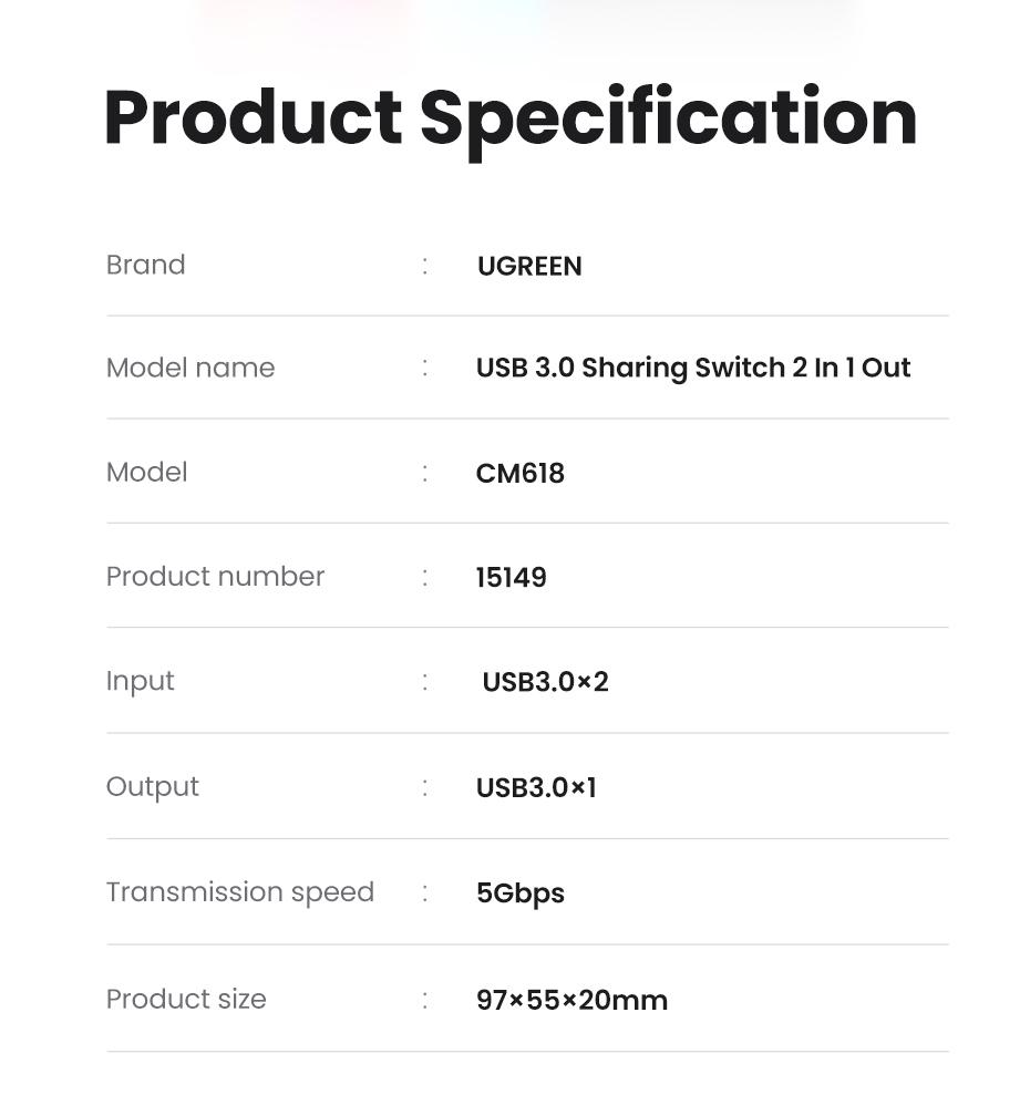 Ugreen UG15149CM618TK 2 vào 1 ra Bộ gộp USB 3.0 hỗ trợ tốc độ 5Gbps kèm 2 cáp 2 đầu USB 3.0 dài 1.5M Màu Đen - HÀNG CHÍNH HÃNG