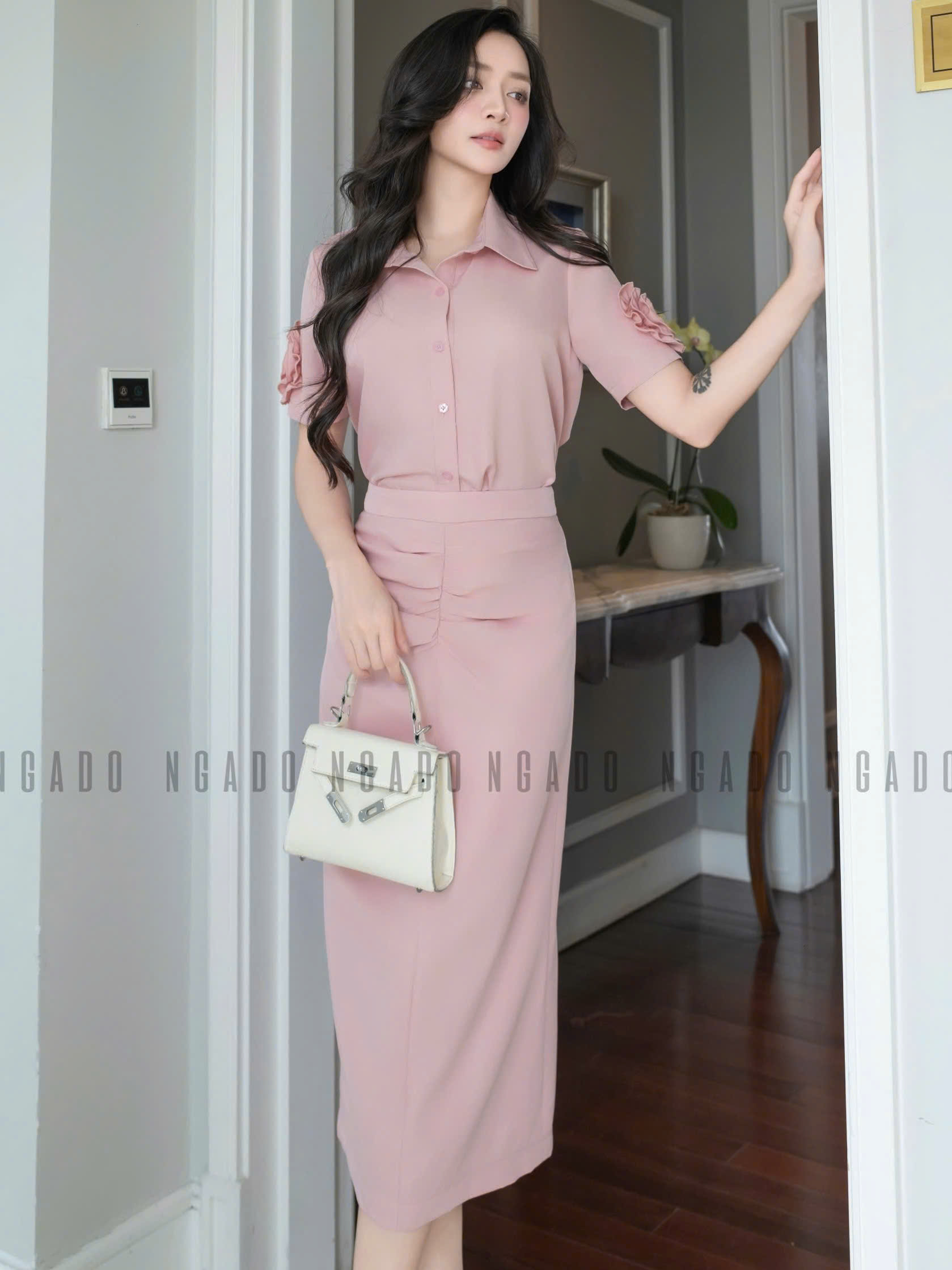 Set áo váy hồng tay hoa NGADO , set áo váy dài , set áo váy kiểu Nữ
