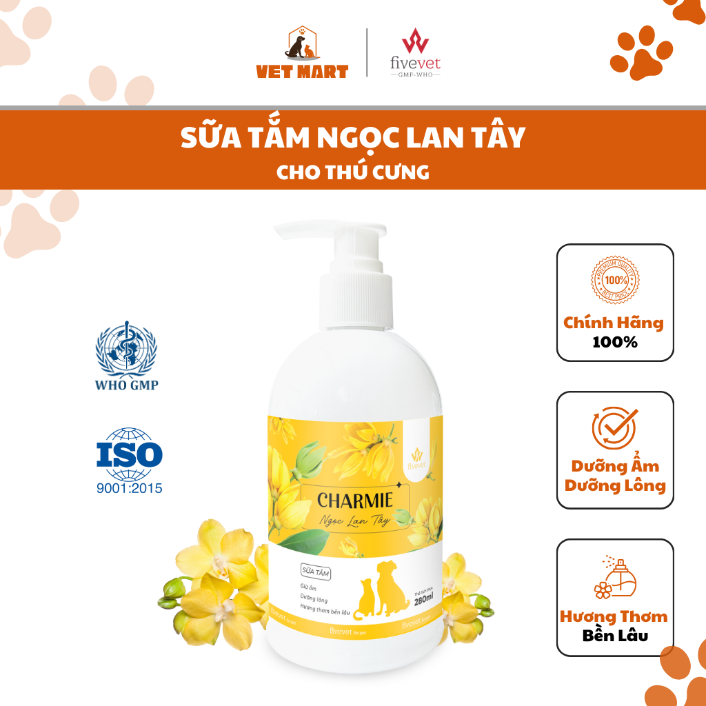 Sữa Tắm Charmie Ngọc Lan Tây Cho Thú Cưng - Hương Thơm Bền Lâu, Dưỡng Lông 280ml Fivevet