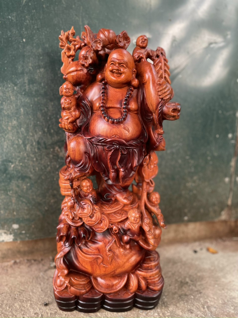 Tượng phật di lặc ngũ phúc bằng gỗ hương đá tô mầu giả cổ kt 60×24×15cm