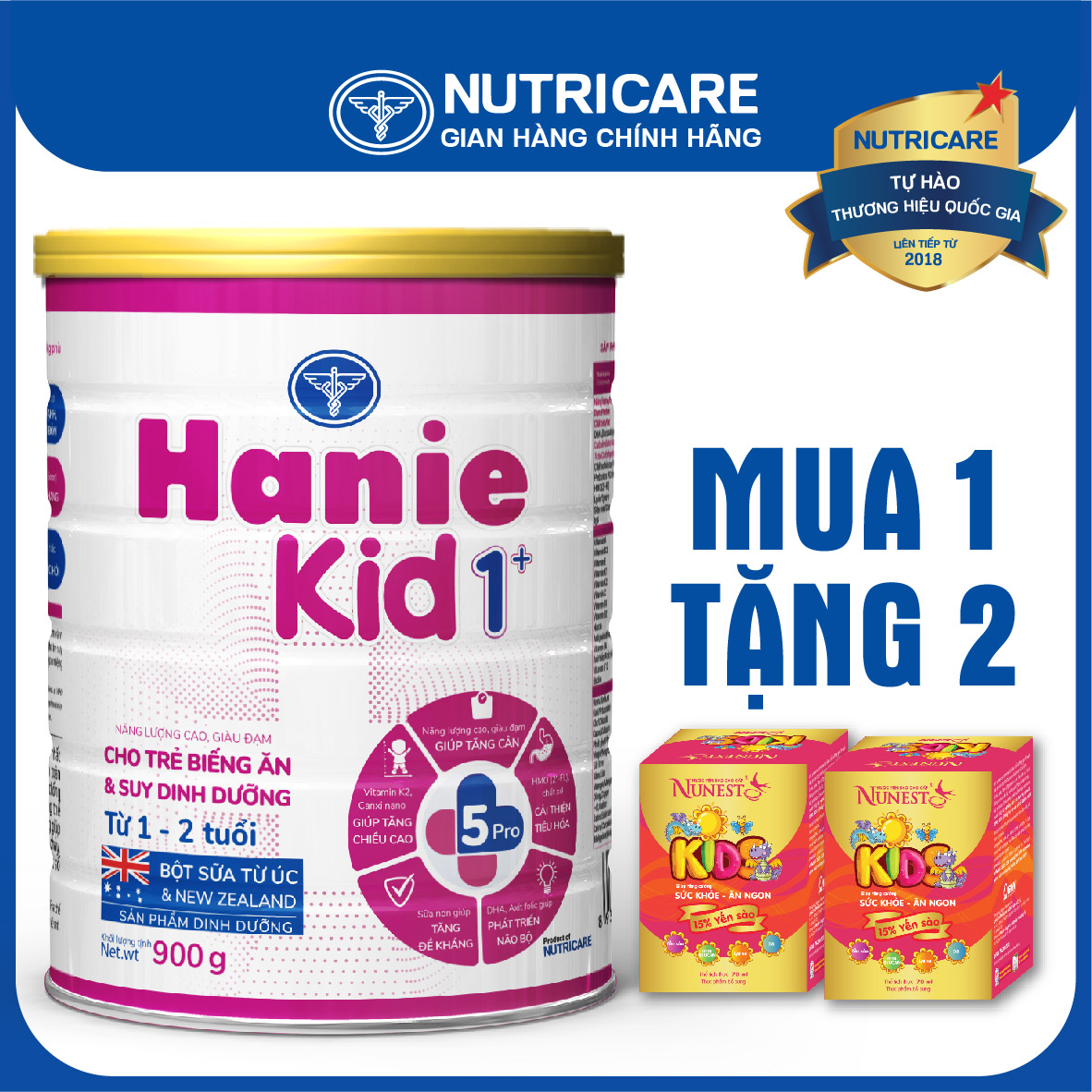 [Tặng 2 lọ yến] Sữa bột Nutricare Hanie Kid 1+ cho trẻ biếng ăn suy dinh dưỡng 850g