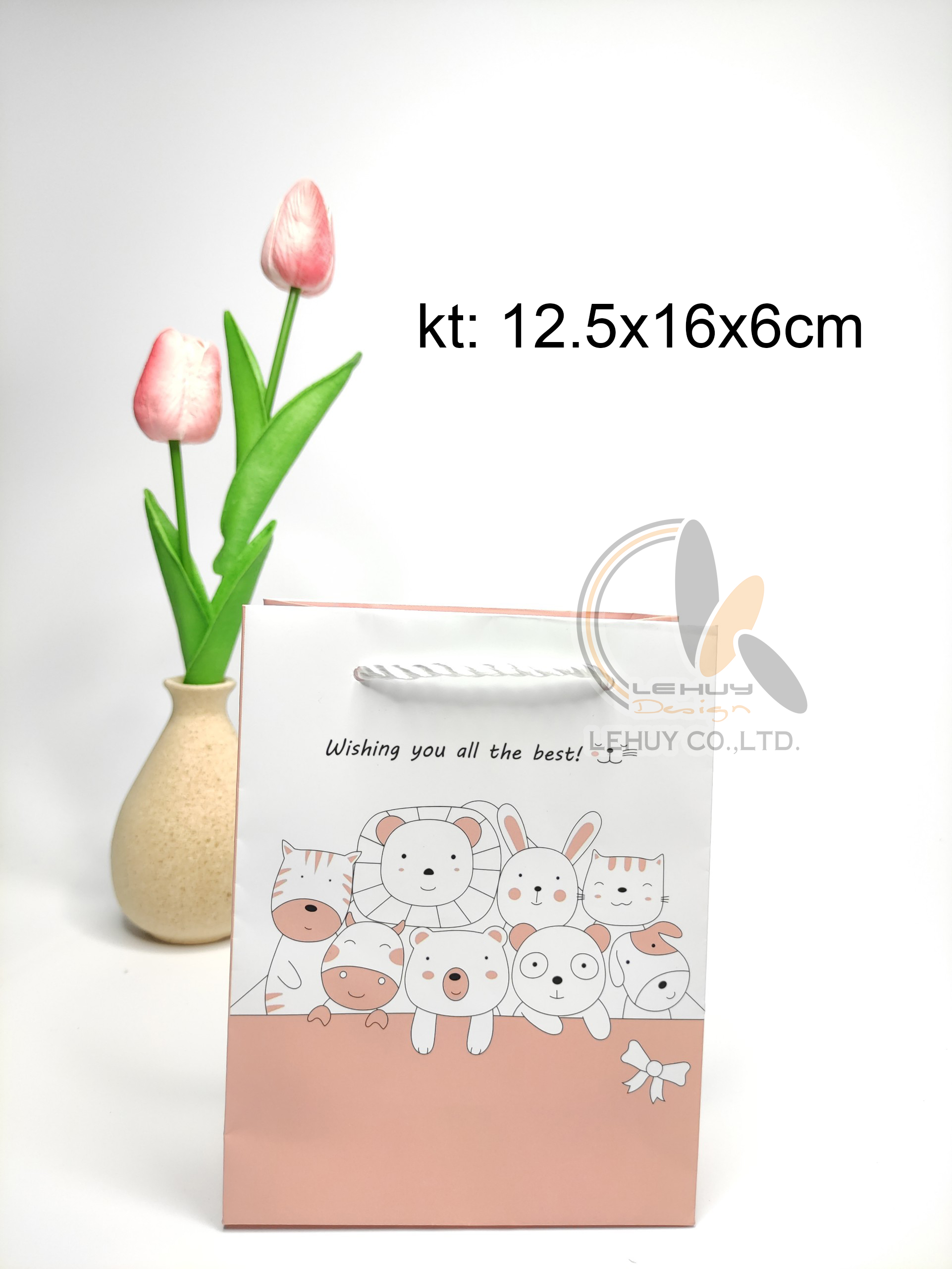 TÚI GIẤY C NHỎ THÚ CƯNG HOẠT HÌNH MÀU TRẮNG HỒNG (COMBO 50 TÚI) KT 12.5X16X6 CM