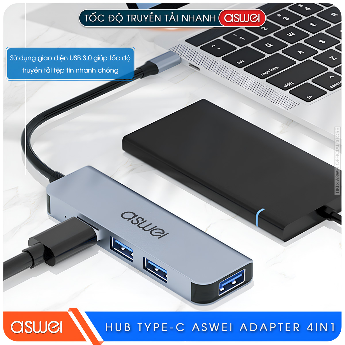 Hub Chuyển Đổi USB Type C ASWEI 4 in 1 - 4 Cổng USB 3.0 Tốc Độ Cao - Hàng Chính Hãng