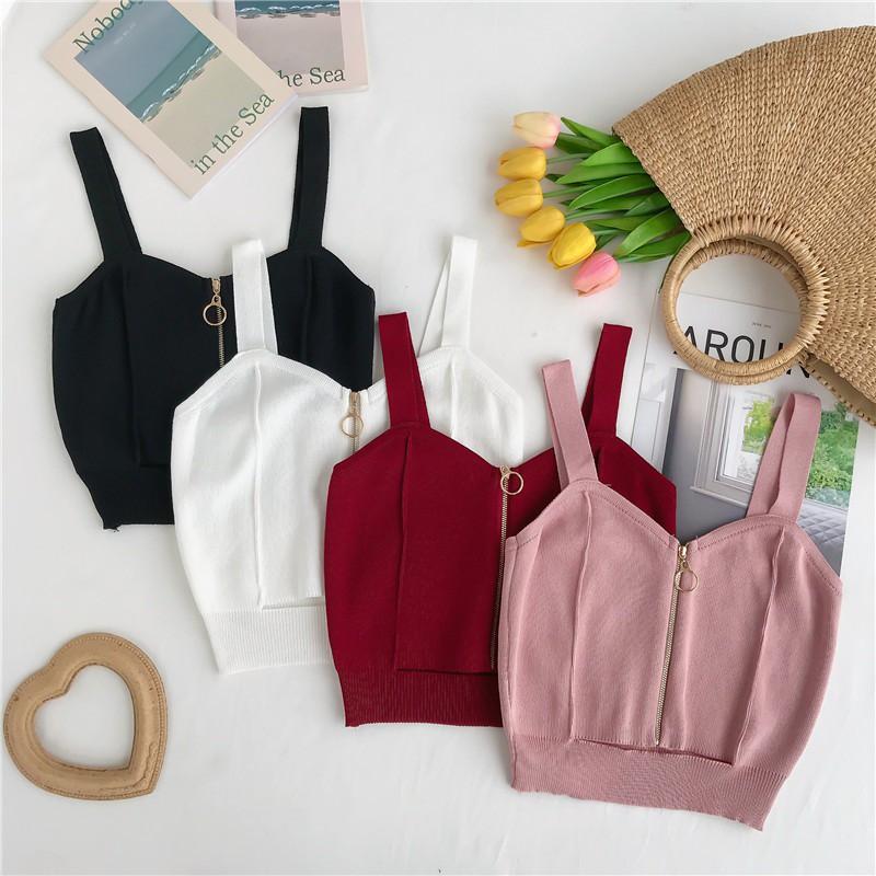 Áo dệt kim sát nách phối khóa kéo thiết kế kiểu dáng quyến rũ