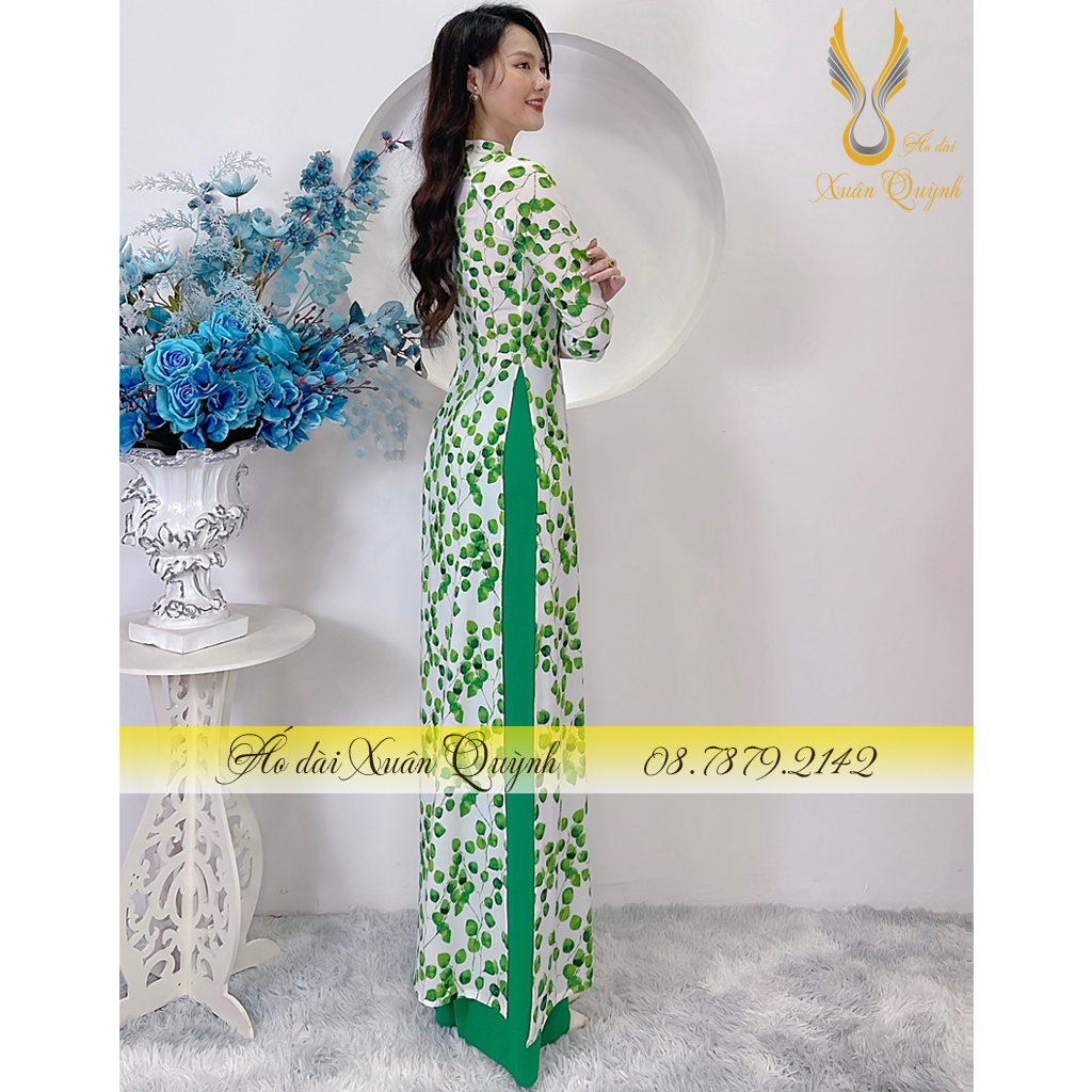 Áo Dài Truyền Thống Hoa Nhí Xanh Duyên Dáng, Thanh Lịch Lụa Habutai Cao Cấp K63