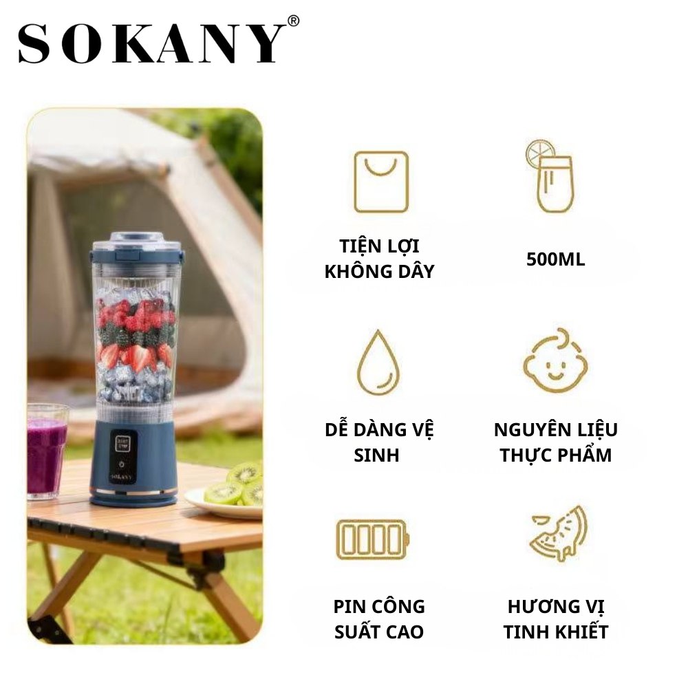 XAY ĐƯỢC ĐÁ - Máy xay sinh tố cầm tay SẠC PIN KHÔNG DÂY SOKANY SK-01023, pin sạc 1300mAh, 6 lưỡi dao sắc bén không gỉ - HÀNG CHÍNH HÃNG