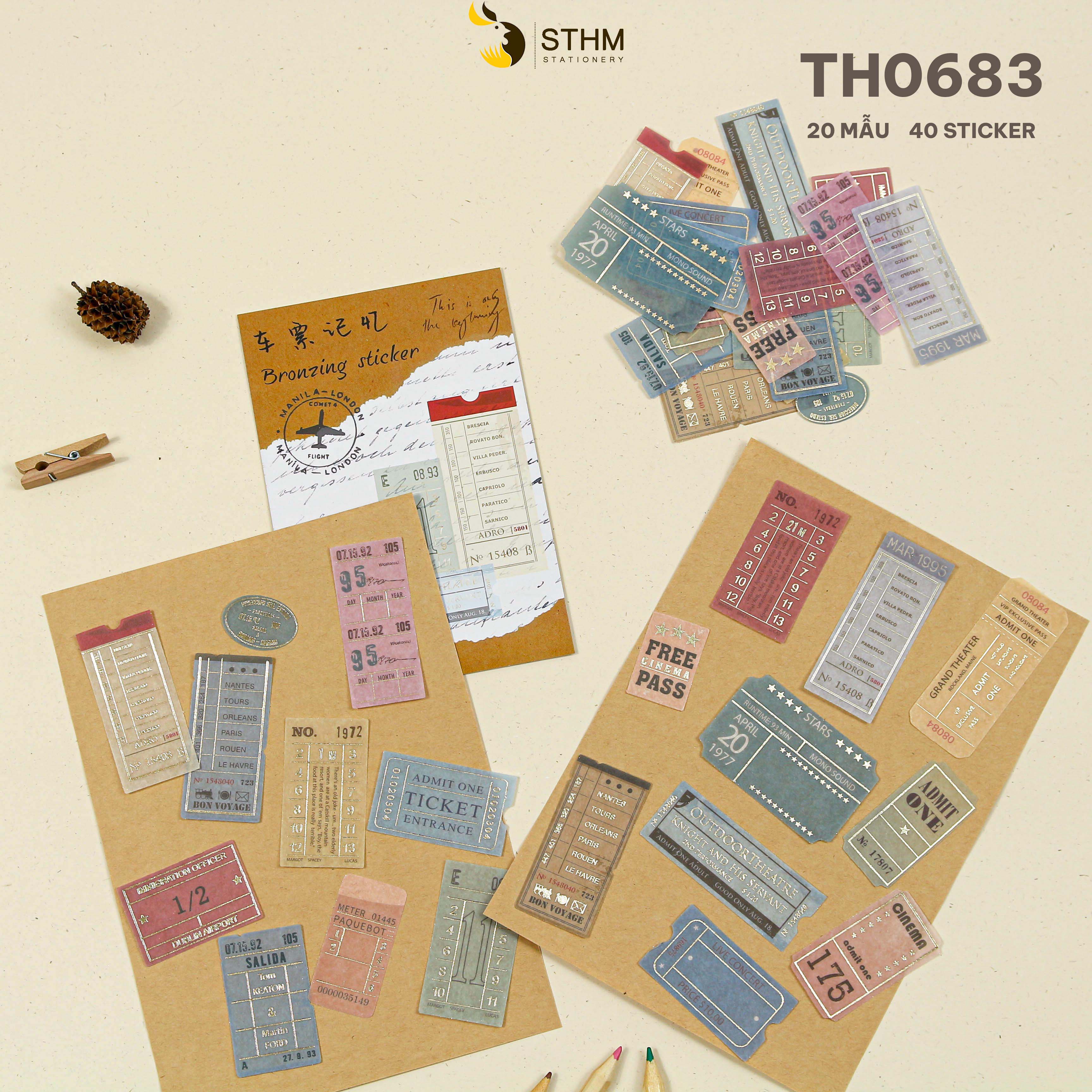 Sticker xấp 40 tờ - 20 mẫu có ánh kim - Phụ kiện trang trí sổ tay vintage - STHM stationery