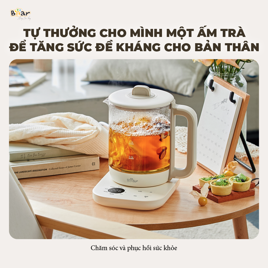 Bình Pha Trà BEAR 1,5L Thủy Tinh Đun Nước Giữ Nhiệt, Hẹn Giờ, Có Lưới Lọc, công suất 1000W - SB - PT15K-Hàng Chính Hãng