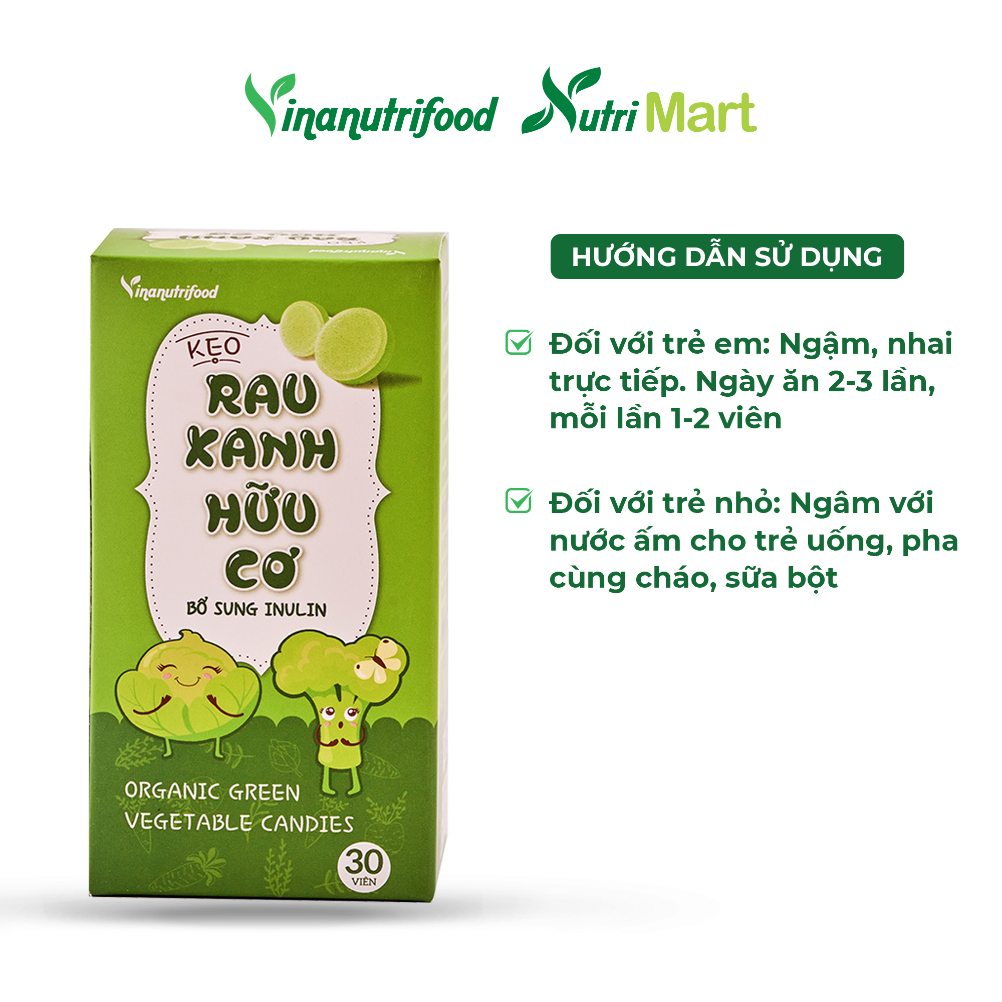 Kẹo rau xanh Vinanutrifood bổ sung chất xơ thành phần từ rau xanh, sữa bò cô đặc, đường ăn kiêng Isomalt, bổ sung tinh chất rau củ chứa vitamin và khoáng chất xơ, có lợi cho tiêu hóa, phù hợp với bé lười ăn rau, hộp 30 viên