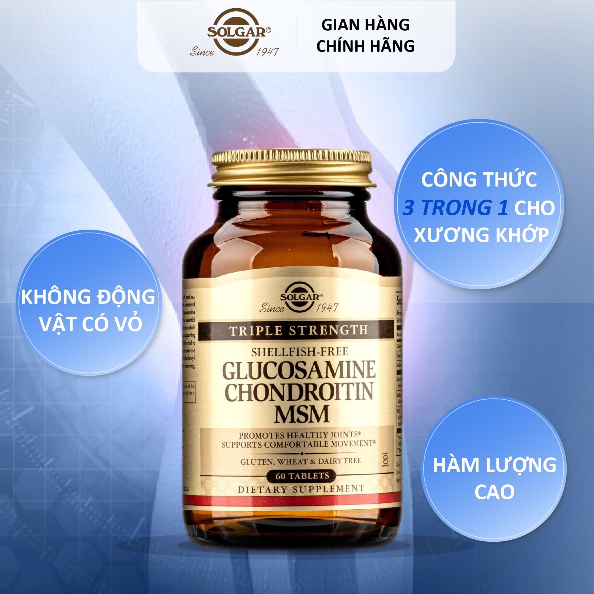 NHẬP KHẨU USA CHÍNH HÃNG - Viên uống hỗ trợ bôi trơn xương khớp, tăng cường độ đàn hồi tế bào sụn Solgar Glucosamine Condrotin MSM