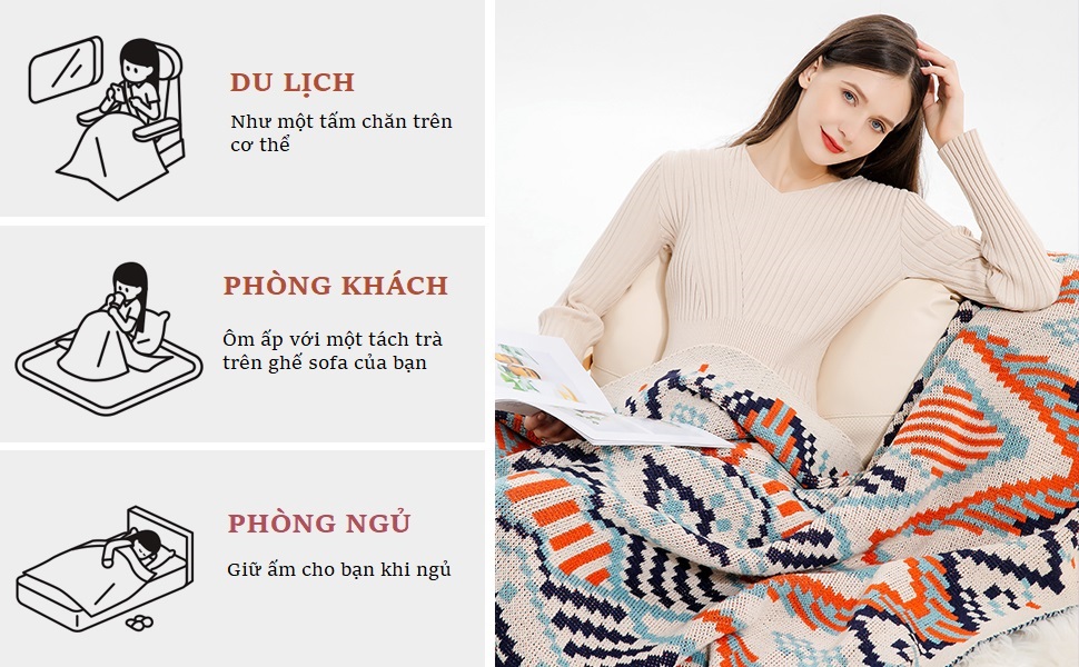 Chăn mềm nhập khẩu CAO CẤP, Chăn phủ sofa, Chăn cắm trại ngoài trời, Thảm thổ cẩm phong cách Bohemian dệt kim giữ ấm toàn thân đa chức năng