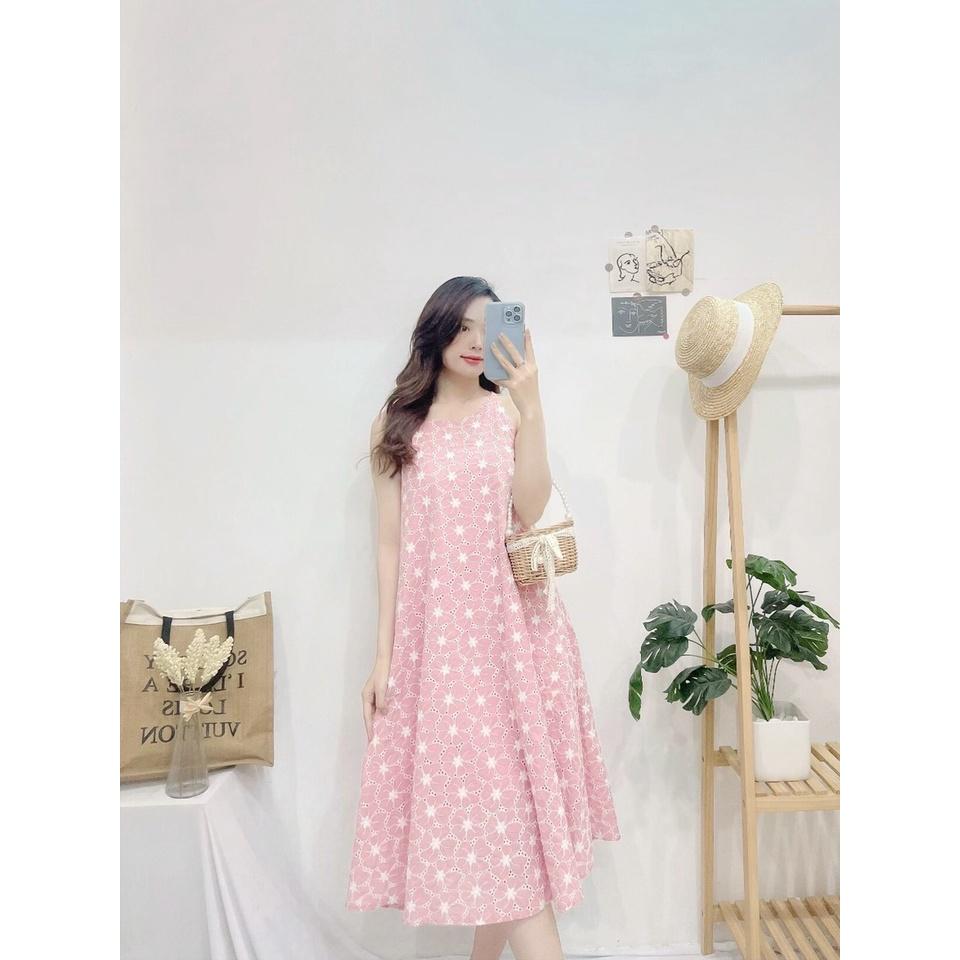 Đầm hồng dáng suông form rộng vải kate thêu hoa Cao Cấp hàng loại 1 vải đẹp, sát nách cổ tròn - MiNhi Fashion