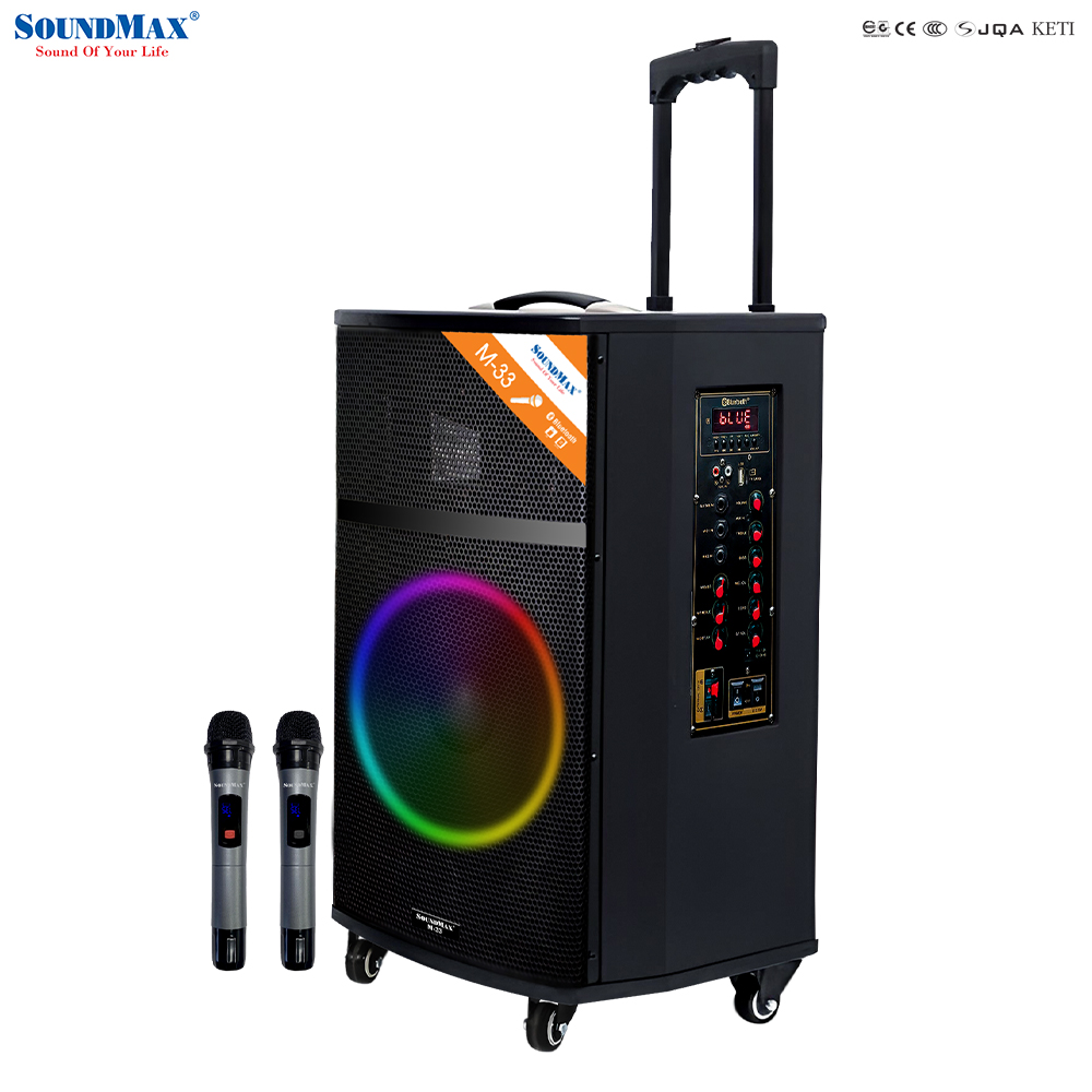 Loa Karaoke Di Động SoundMax M-33 | Loa Bluetooth SoundMax M33| Trolley Speaker | Công suất 100W, Bass 12" | Hỗ trợ USB, Thẻ Nhớ TF, Đèn LED RGB | Tặng 2 Micro Không Dây | Ngõ Vào Guitar - Hàng Chính Hãng