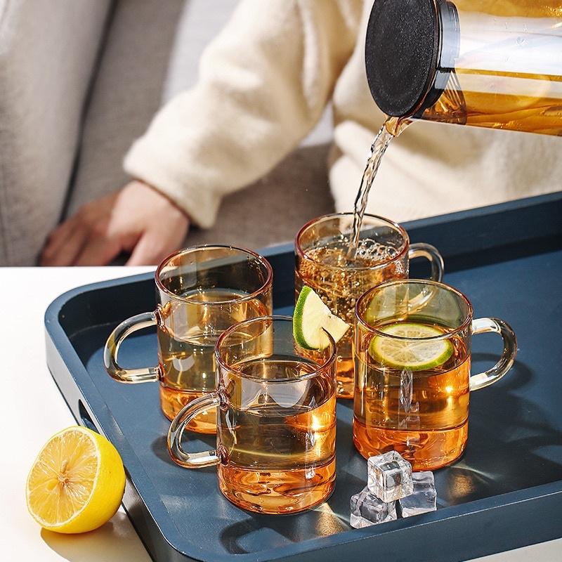Cốc thủy tinh cao cấp có quai 2 màu Xám Khói , Vàng hổ phách; Cốc thủy tinh chịu nhiệt