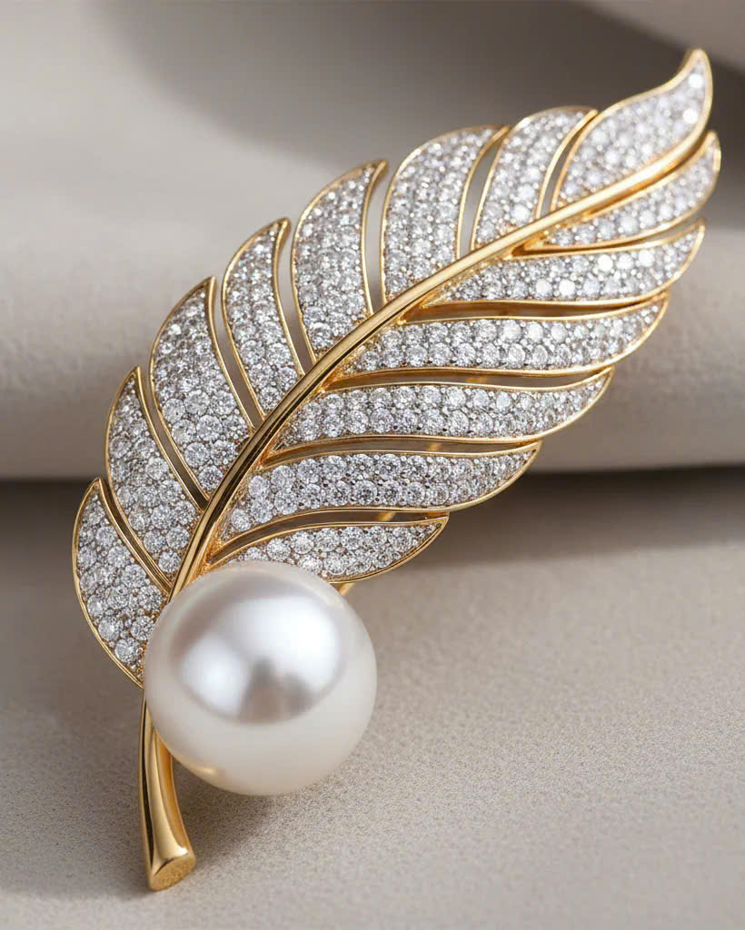 Trâm Cài Áo Vest, Áo Dài Đính Ngọc Trai Baroque Hình Lông Vũ thời trang thiết kế Hity ACC404