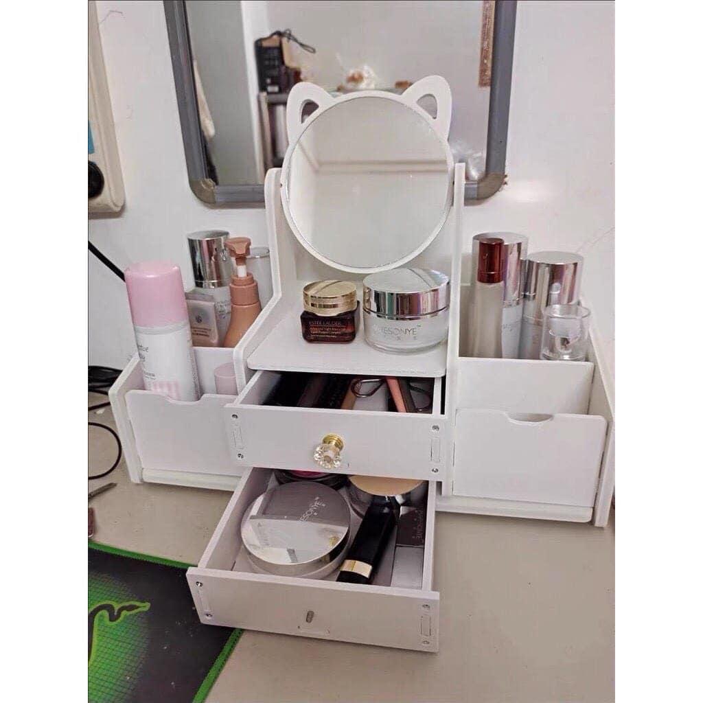 KỆ ĐỰNG ĐỒ TRANG ĐIỂM MỸ PHẨM, TRANG SỨC , ĐỒ DÙNG CÁ NHÂN NHIỀU NGĂN KÈM GƯƠNG TAI MÈO DỄ THƯƠNG