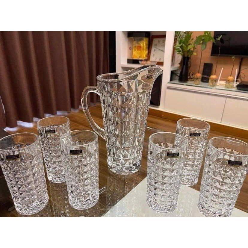 Bộ Bình Ly Pha Lê Bohemia Diamond Gồm Bình 1250ml Và Set 6 Cốc 260ml, Bộ Bình Ly Dùng Uống Trà, Nước Trái Cây, Nhập Đức