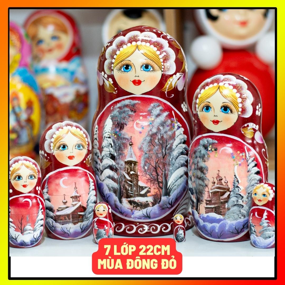 BỘ BÚP BÊ MATRYOSHKA 7 LỚP CAO 22CM VẼ HOA VĂN"PHONG CẢNH MÙA ĐÔNG" BÓNG LOÁNG RẤT ĐẸP