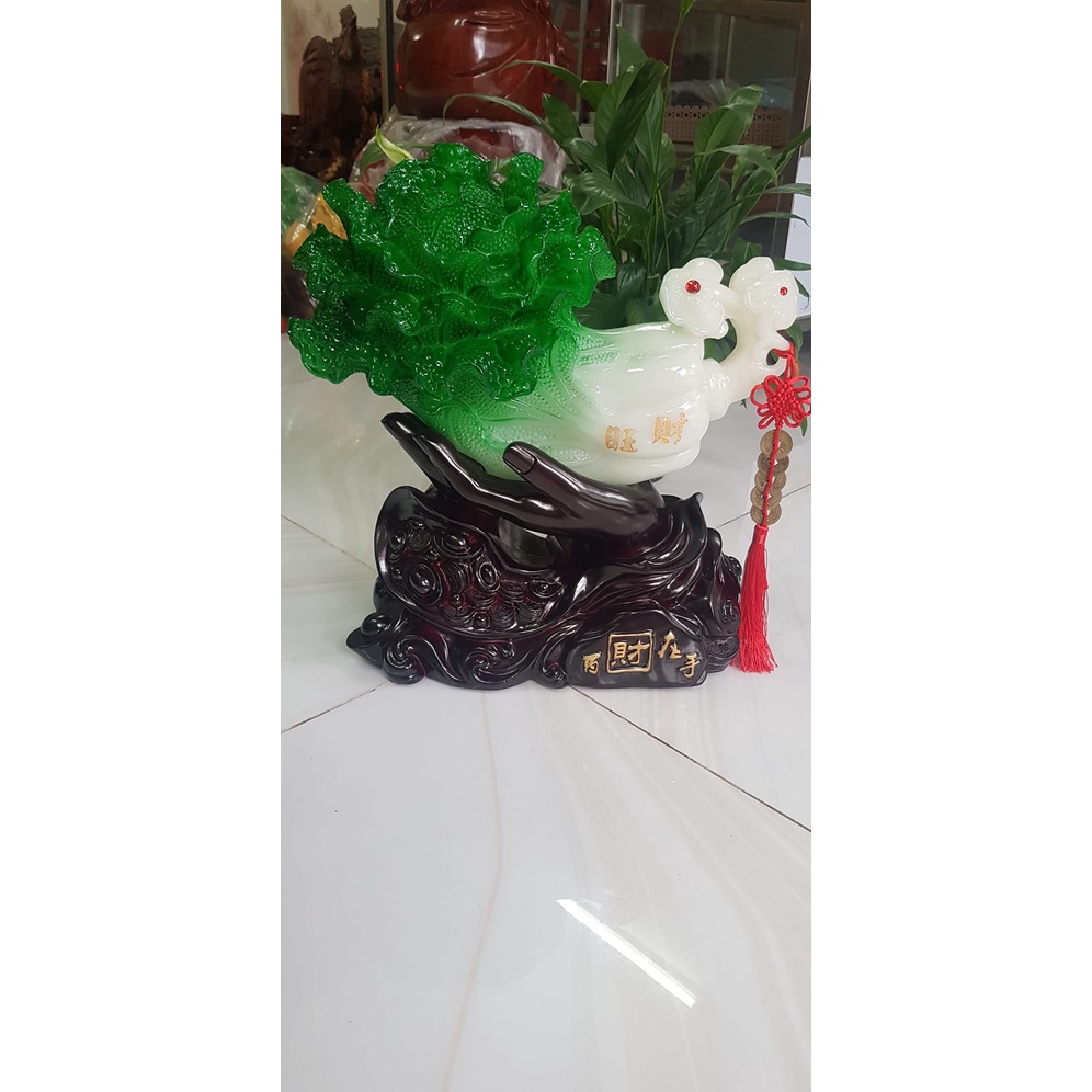 Tượng Bắp Cải Phong Thuỷ Xanh To Đẹp Trên Bàn Tay Nắm Giữ trọn Bắp Cải 5 Đồng Tiền Ngũ Phúc Dây Đỏ Đế Gỗ Tài lộc May Mắn Ý nghĩa bàn tay làm nên sự nghiệp gia chủ nắm giữ thu hút  của cải tài lộc tiền tài vào Size Cao 36cm Ngang 35cm Sâu 15cm ạ