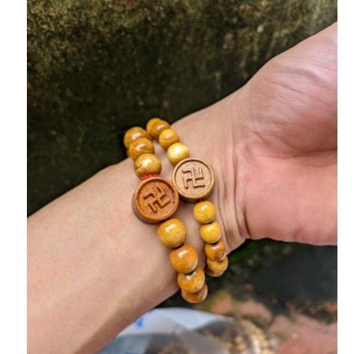 Vòng gỗ dâu tằm nữ người lớn hạt tròn 8ly 10ly mix charm chữ vạn