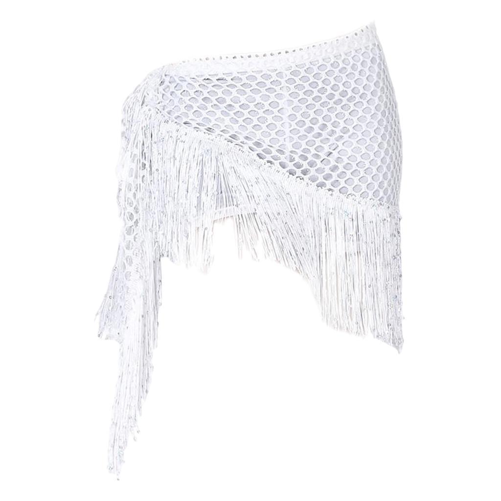 Sequins Belly Dance Hip Tassel Mesh Dancewear White