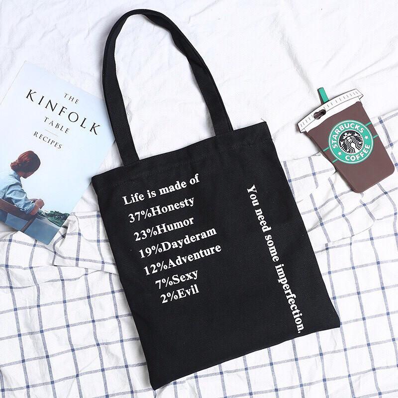 Túi Tote Túi Vải Canvas Mềm in chữ LIFE IS MADE OF Có Khóa Miệng