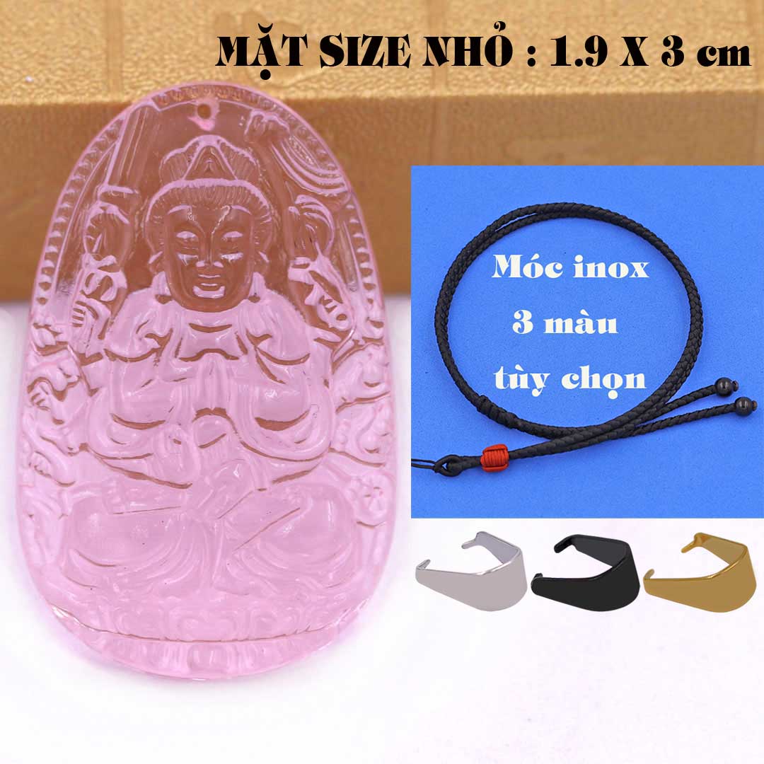 Mặt Phật Quan âm nghìn tay nghìn mắt pha lê hồng 1.9cm x 3cm  kèm vòng cổ dây dù đen + móc inox vàng, Mặt Phật Quan âm