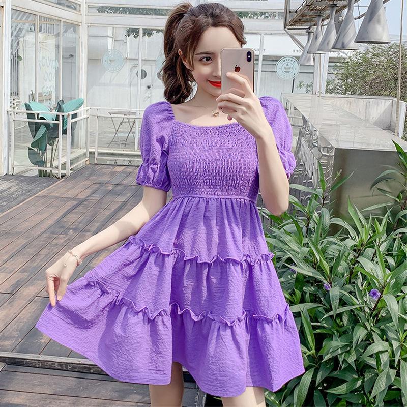 DIYIWEI Phụ nữ mùa hè 2023 Square Neck Pleated Bubble Sleeve Thu hẹp eo Khoai tây tím Vintage Pháp Orange Terrier Dress