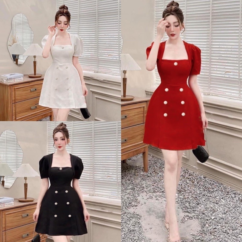 Đầm xốp cổ vuông đính nút sang trọng đầm dự tiệc đơn giản