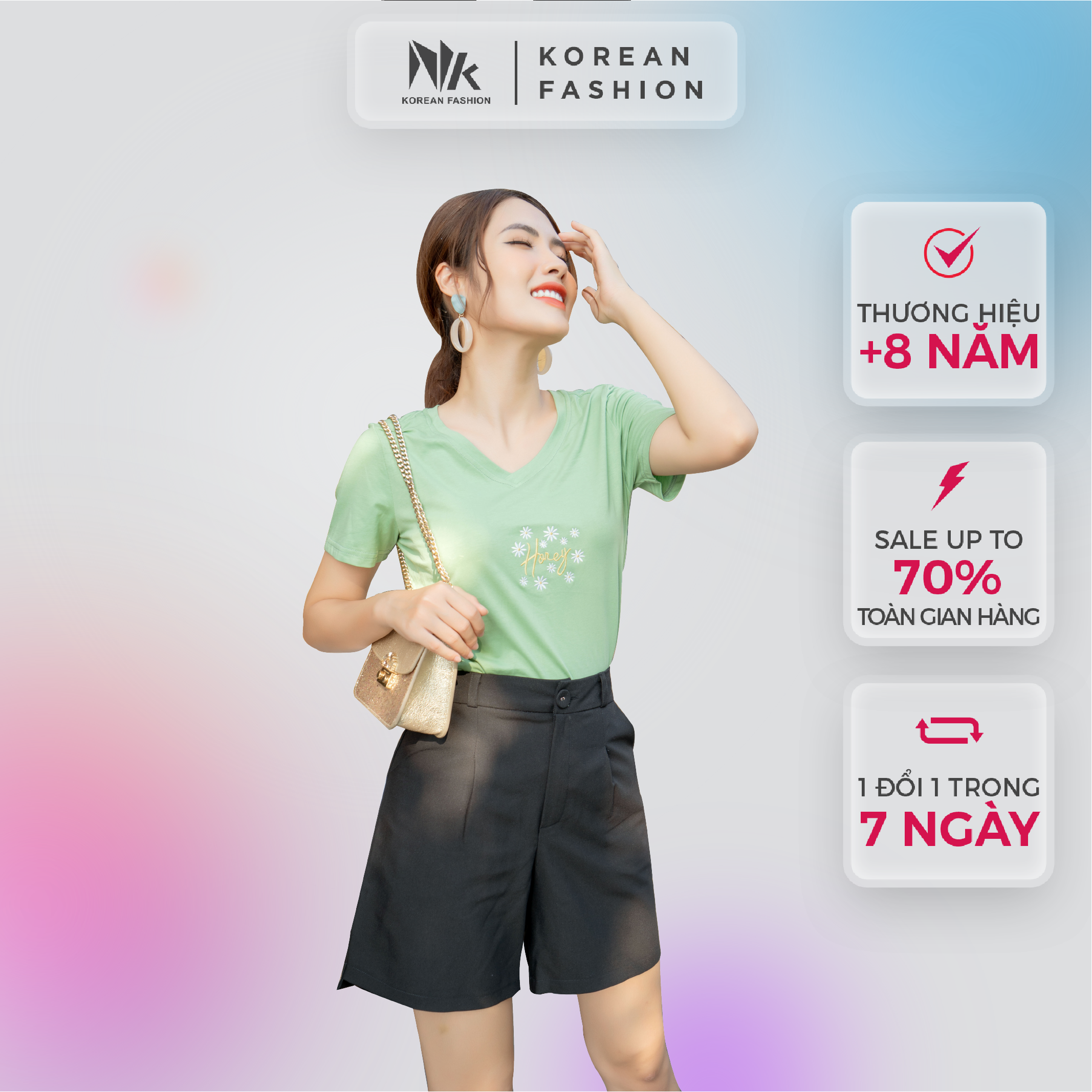 Áo Phông Nữ Cộc Tay NK FASHION Cổ Tim Thêu Hoa Cúc Honey, Chất Liệu Nhập Hàn Mềm Mịn, Thấm Hút Mồ Hôi NKAT2104001