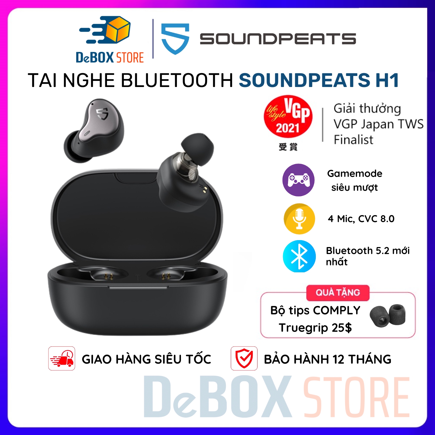 Tai Nghe SoundPEATS H1 Hyrid Driver Dynamic, Bluetooth 5.2, Chip Qualcomm 3040 - Hàng Chính Hãng